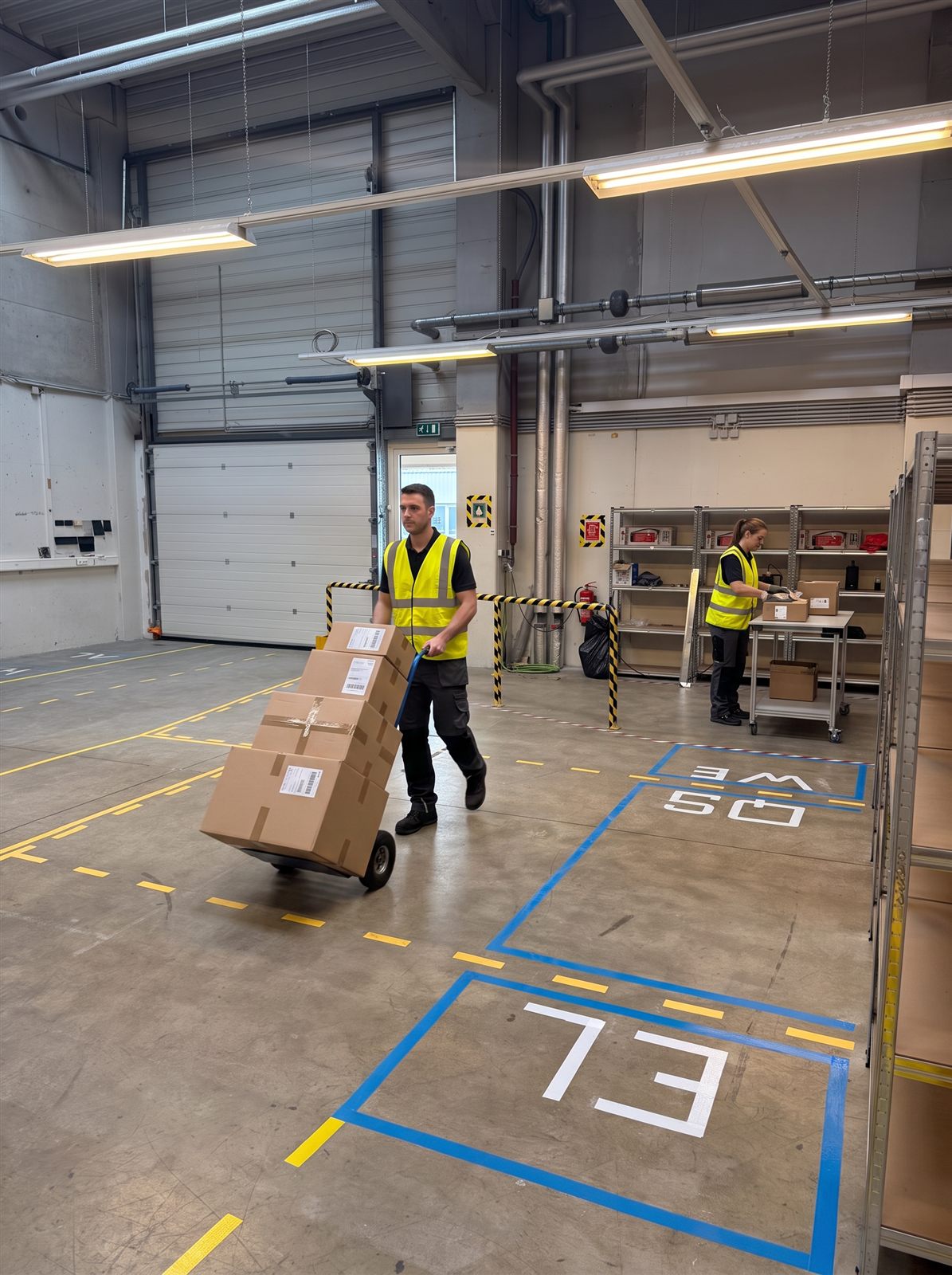 Versandhalle mit Mitarbeiter und Paketen